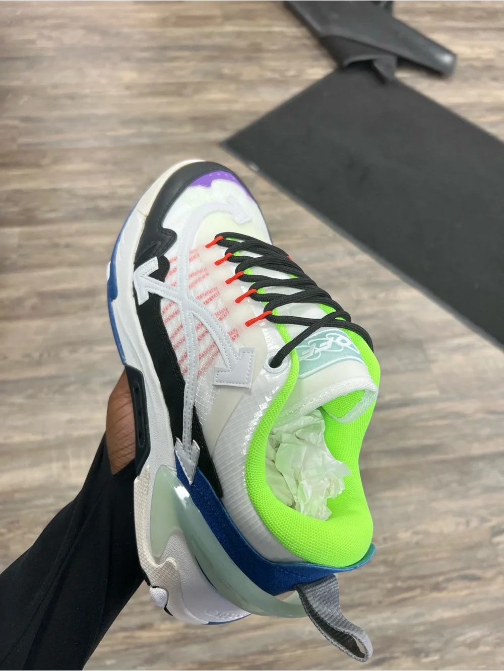 Off-White Style Multi-Color Sneaker with Neon Green Collar